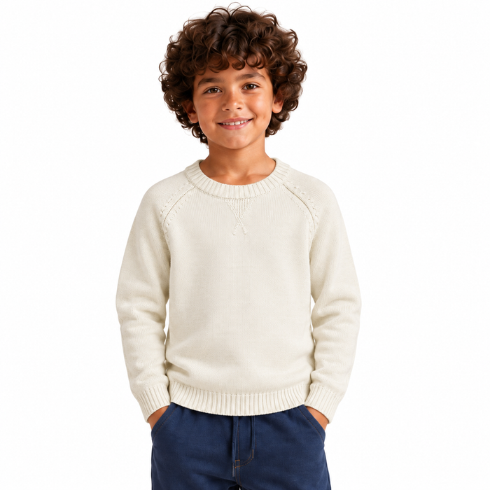 Boy wearing Crew Neck Knit Pullover in Cream - model photo