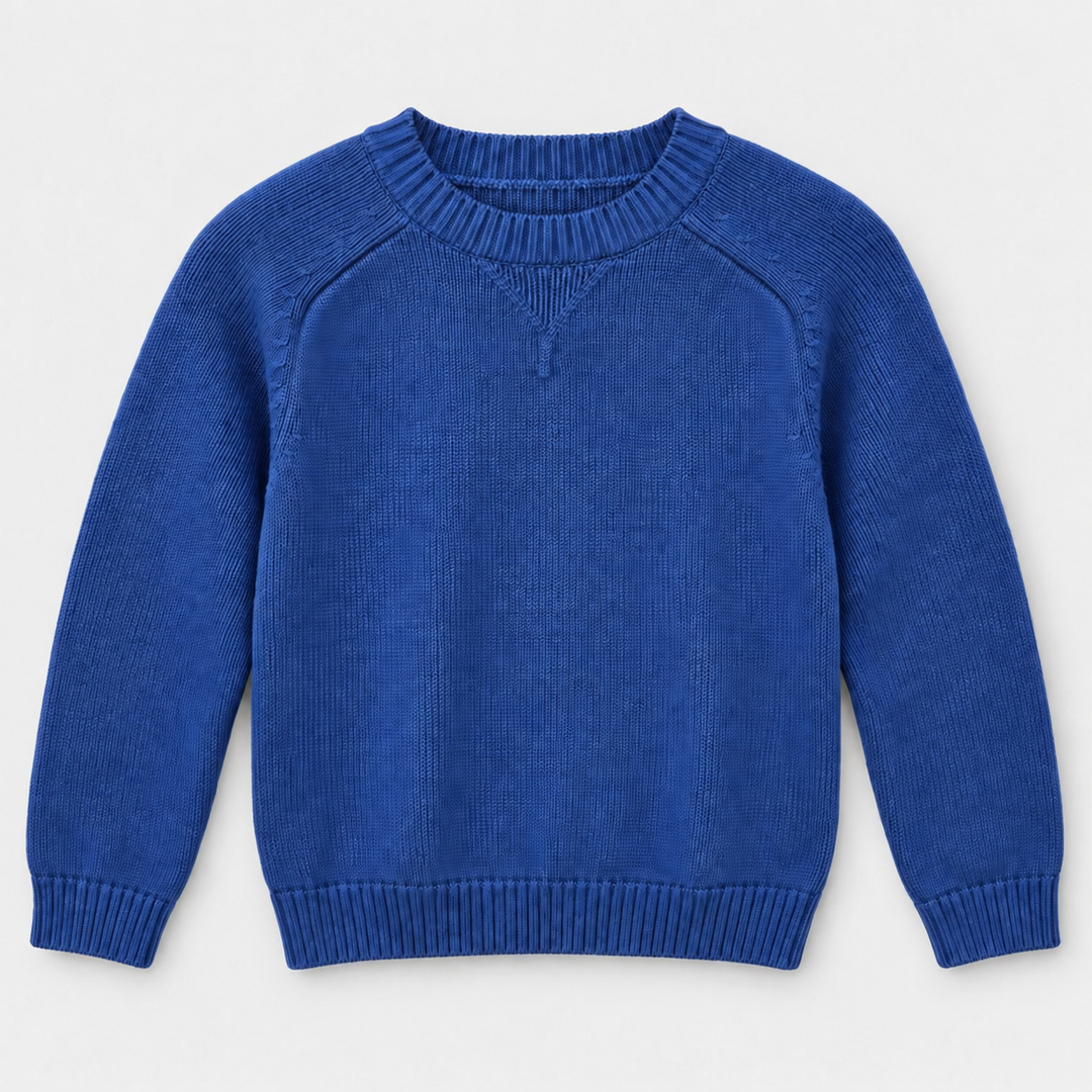 Boys Crew Neck Knit Pullover in Indigo - flat product view