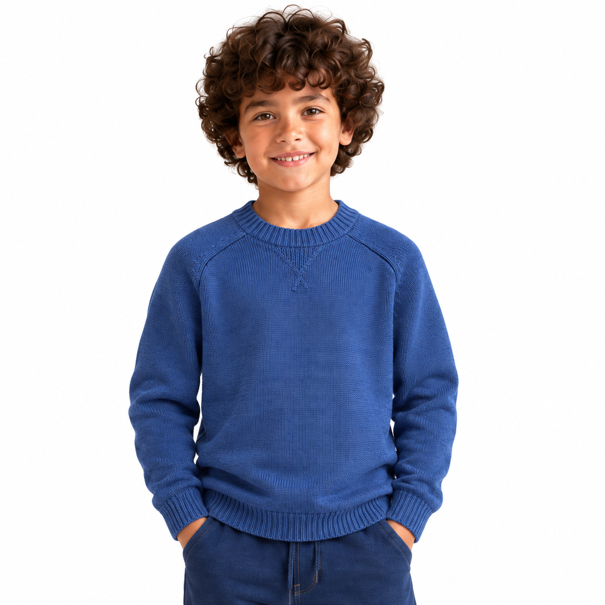 Boy wearing Crew Neck Knit Pullover in Indigo - model photo
