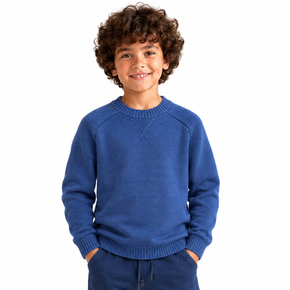 Boy wearing Crew Neck Knit Pullover in Indigo - model photo
