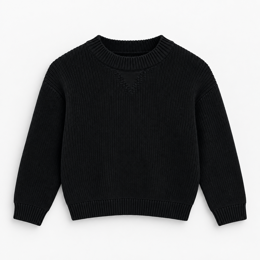 Boys Ribbed Crew Neck Knit Pullover in Black - flat product view
