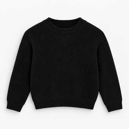 Boys Ribbed Crew Neck Knit Pullover in Black - flat product view
