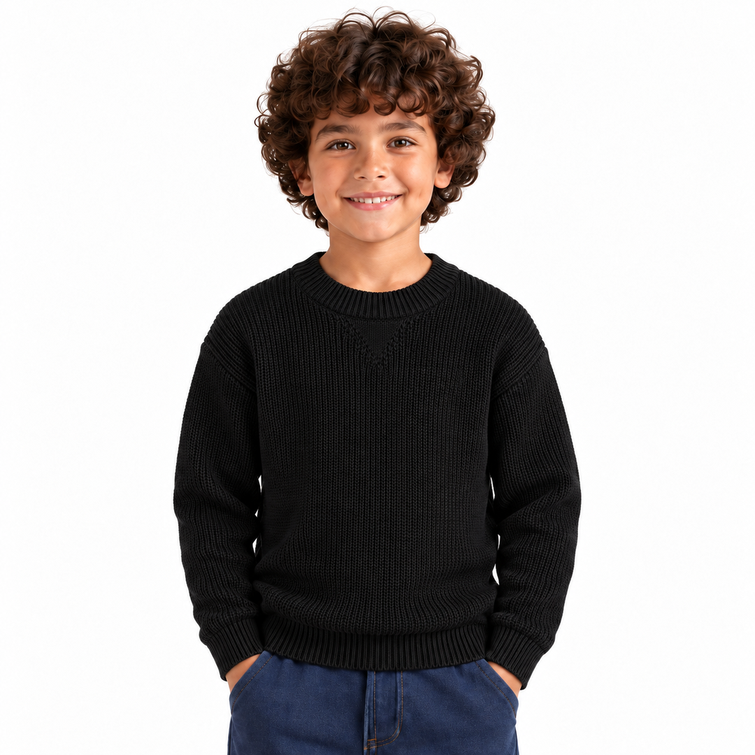 Boy wearing Ribbed Crew Neck Knit Pullover in Black - model photo