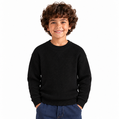 Boy wearing Ribbed Crew Neck Knit Pullover in Black - model photo