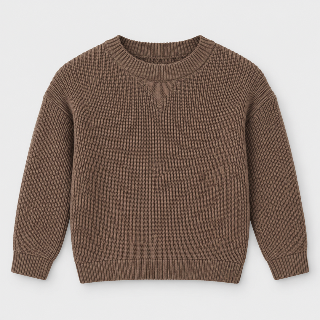 Boys Ribbed Crew Neck Knit Pullover in Brown - flat product view