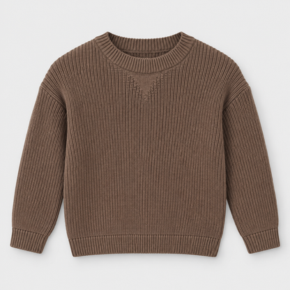 Boys Ribbed Crew Neck Knit Pullover in Brown - flat product view