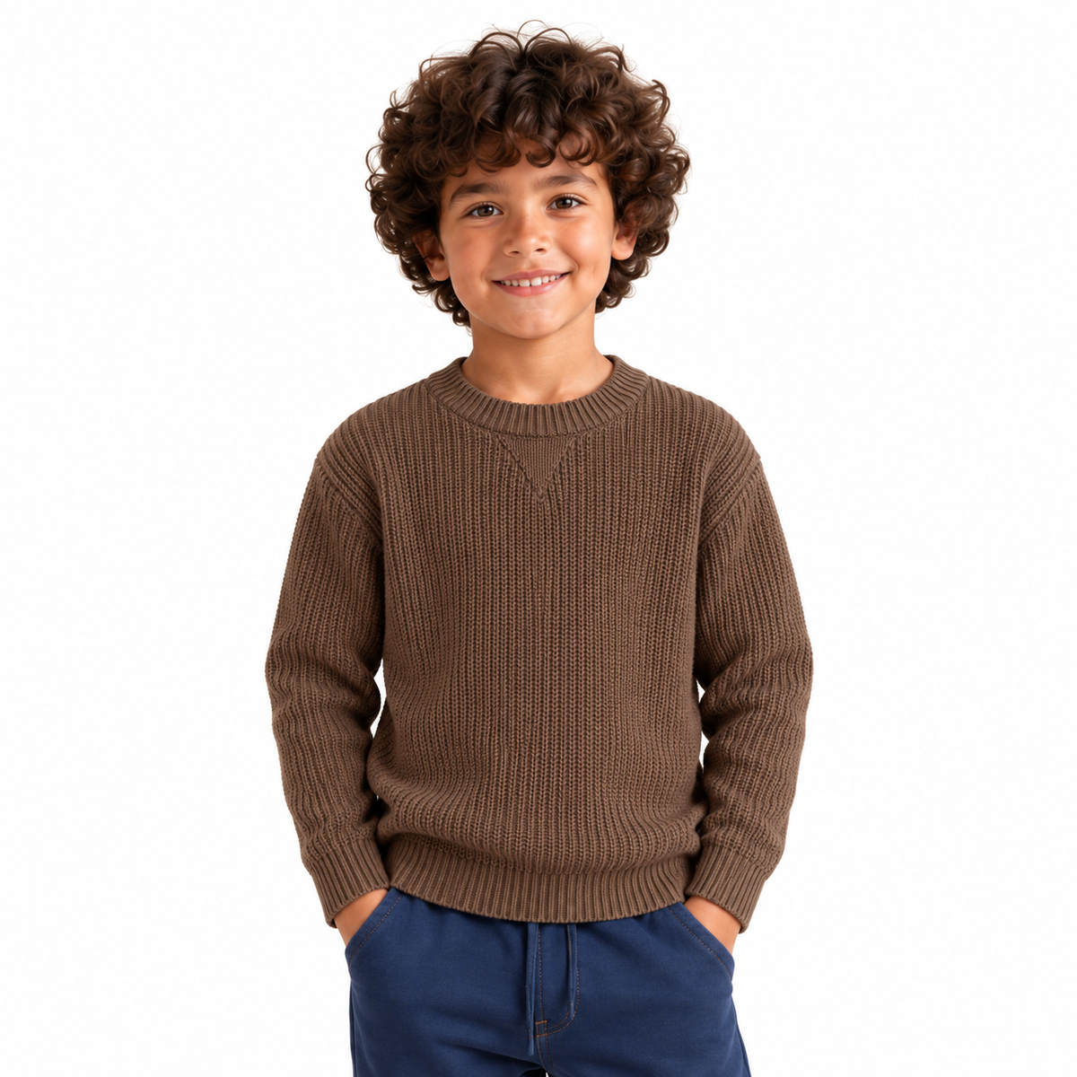 Boy wearing Ribbed Crew Neck Knit Pullover in Brown - model photo