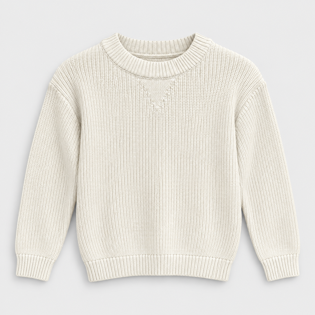 Boys Ribbed Crew Neck Knit Pullover in Cream - flat product view