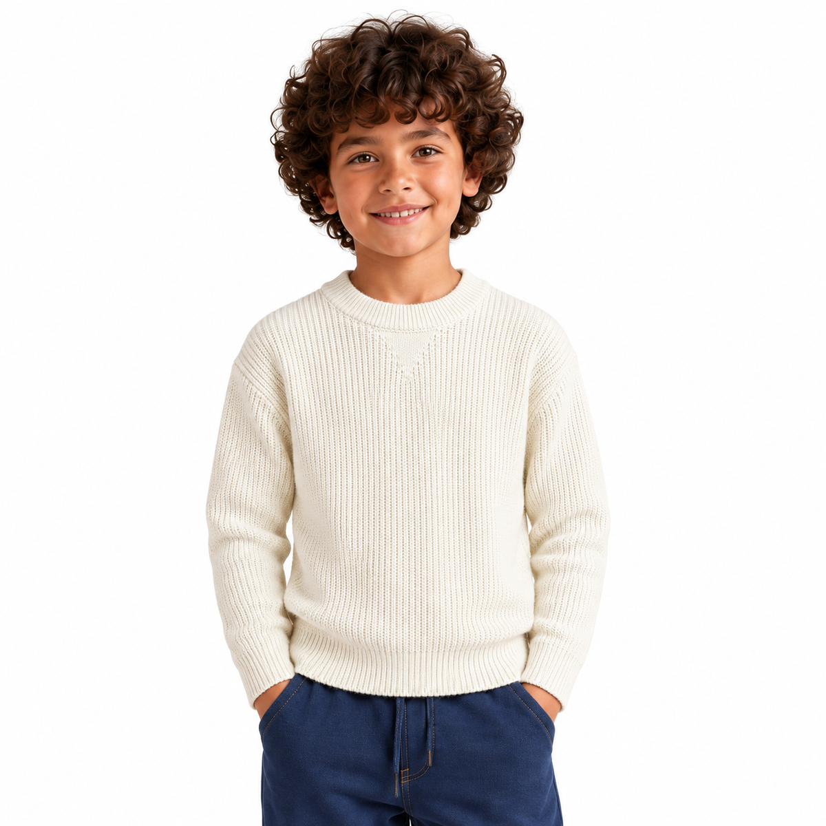 Boy wearing Ribbed Crew Neck Knit Pullover in Cream - model photo