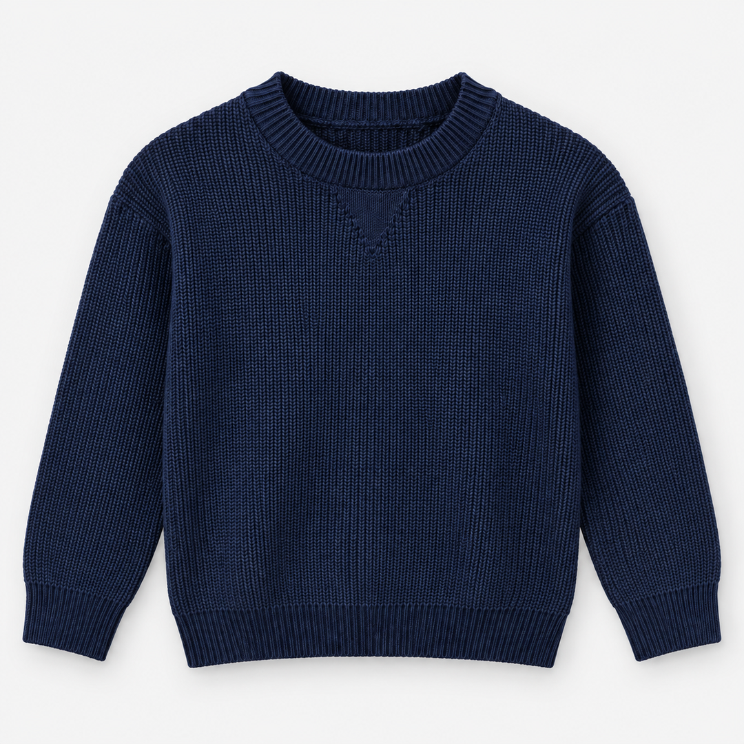 Boys Ribbed Crew Neck Knit Pullover in Navy - flat product view