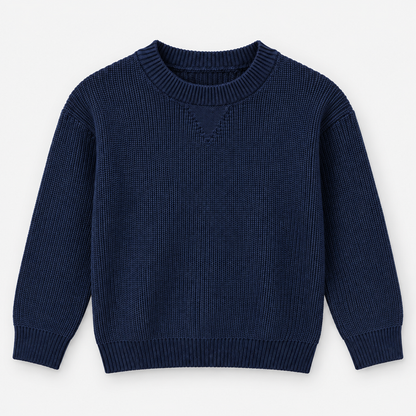 Boys Ribbed Crew Neck Knit Pullover in Navy - flat product view