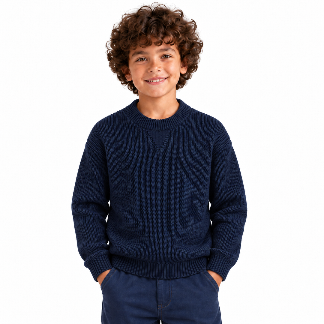 Boy wearing Ribbed Crew Neck Knit Pullover in Navy - model photo