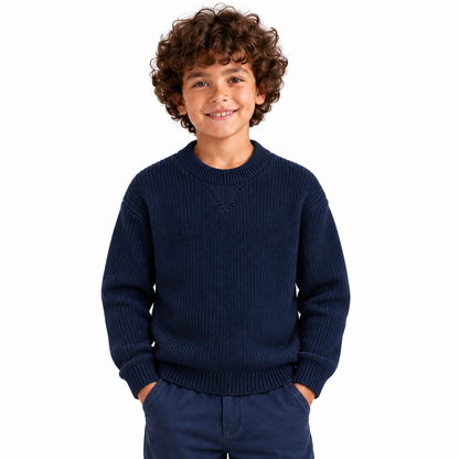 Boy wearing Ribbed Crew Neck Knit Pullover in Navy - model photo