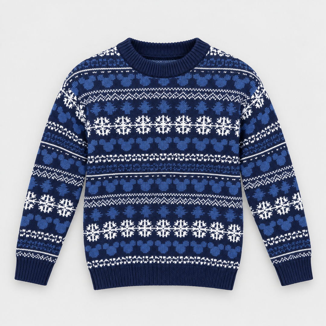 Boys Jacquard Crew Neck Knit Pullover in Navy - flat product view