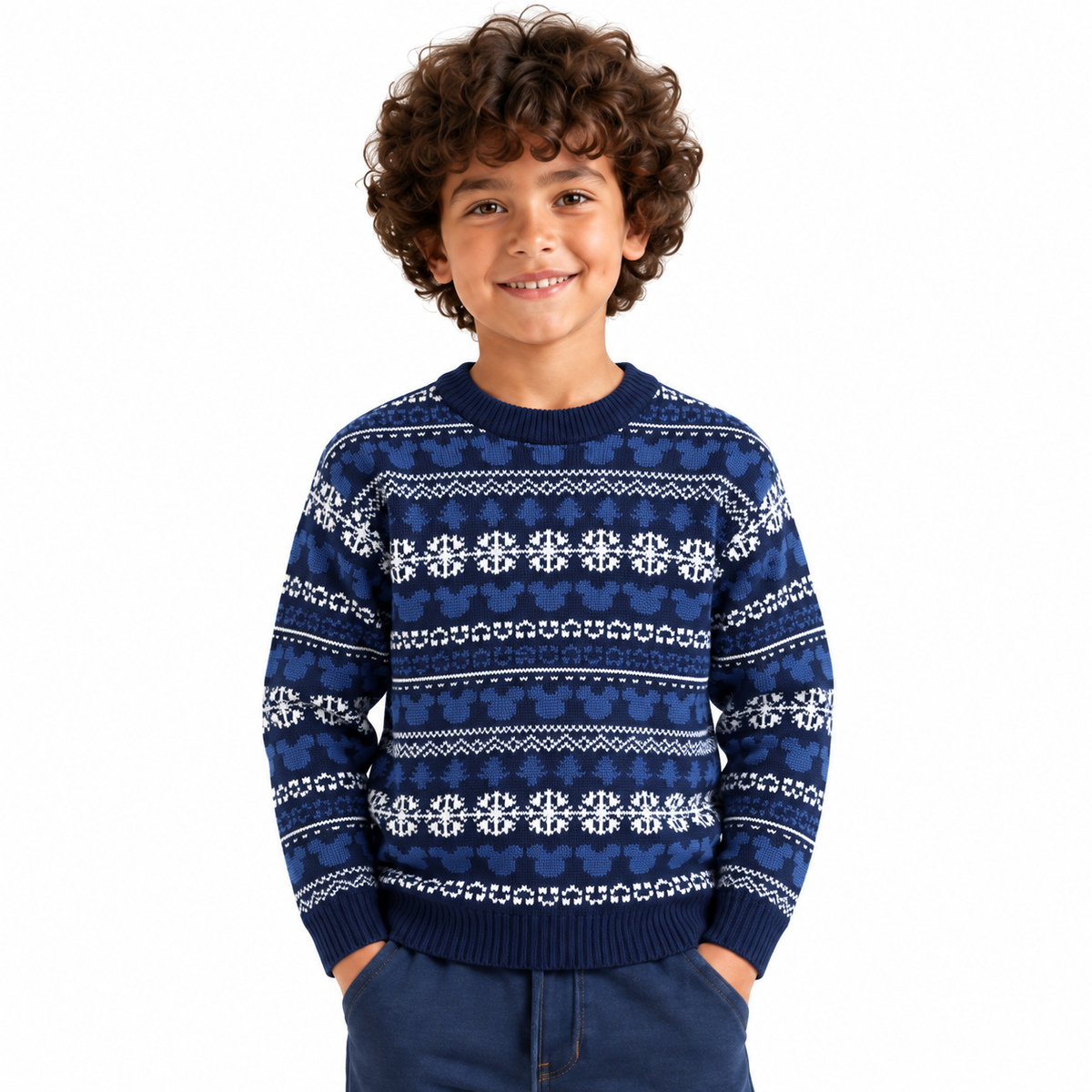 Boy wearing Jacquard Crew Neck Knit Pullover in Navy - model photo
