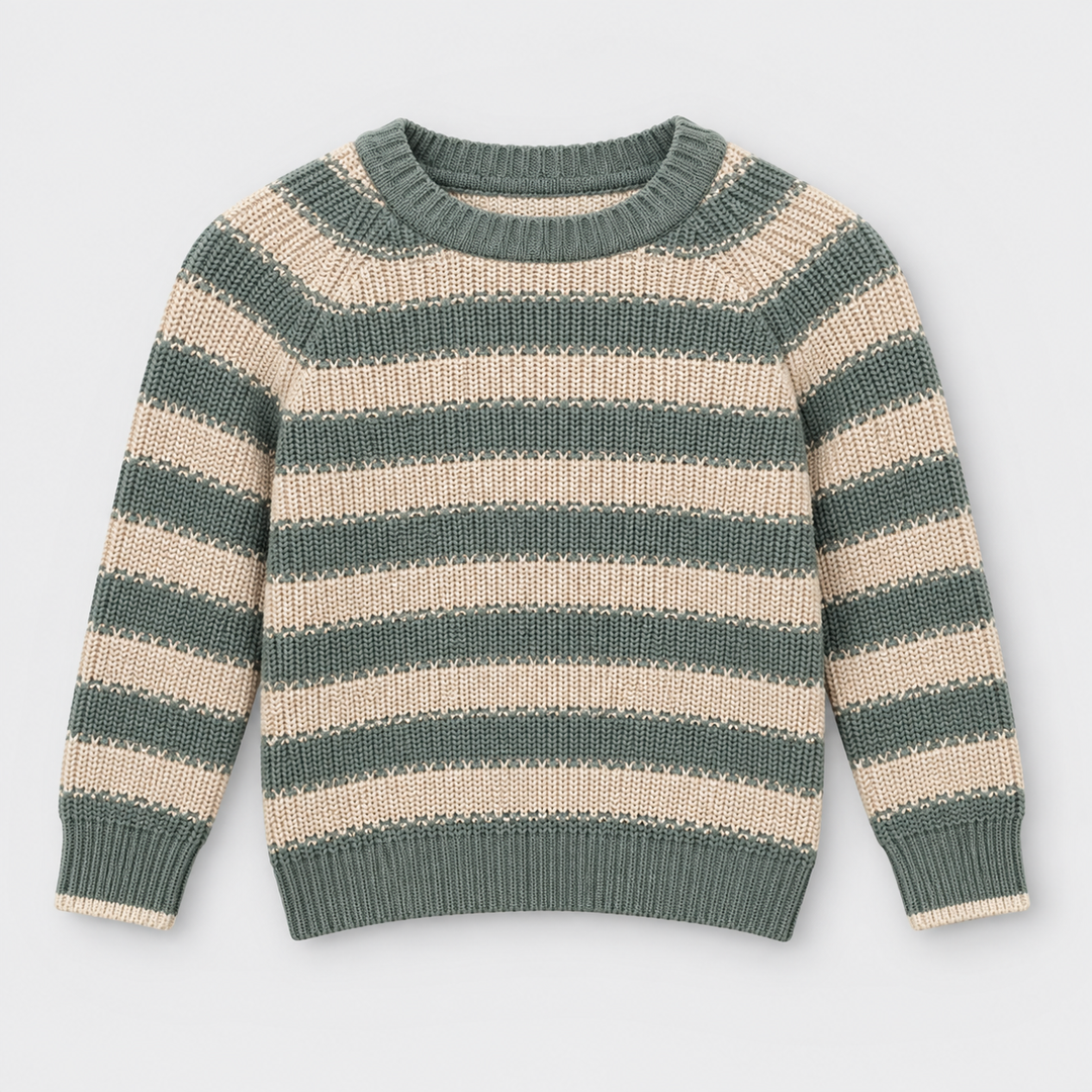Boys Striped Crew Neck Knit Pullover in Beige - flat product view