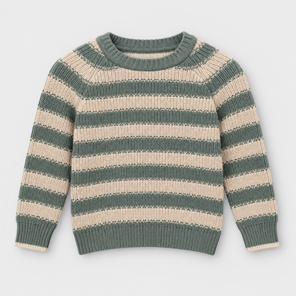 Boys Striped Crew Neck Knit Pullover in Beige - flat product view