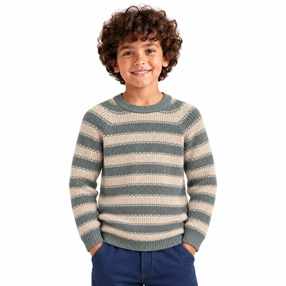 Boy wearing Striped Crew Neck Knit Pullover in Beige - model photo