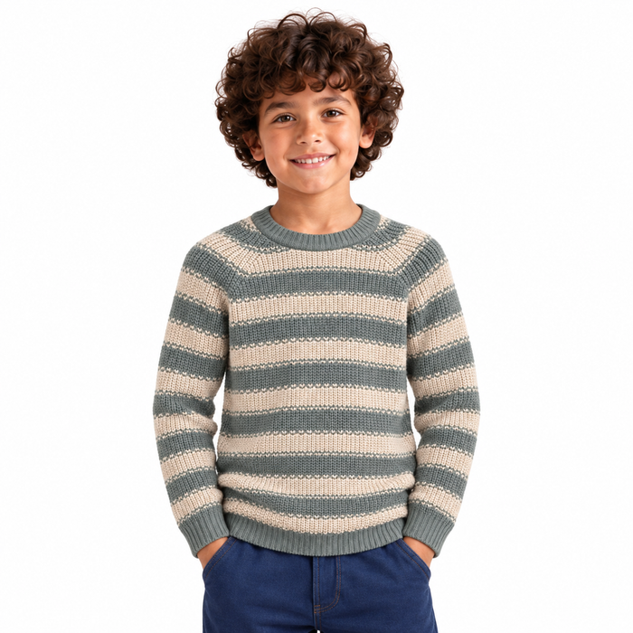 Boy wearing Striped Crew Neck Knit Pullover in Beige - model photo