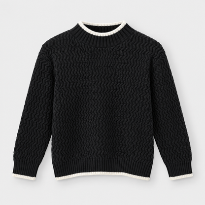 Boys Cable Knit Crew Neck Pullover in Black - flat product view