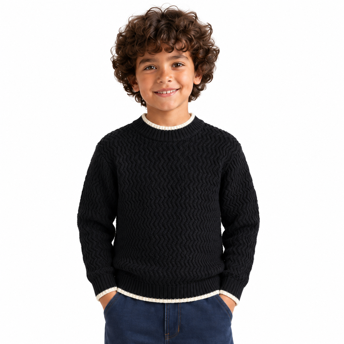 Boy wearing Cable Knit Crew Neck Pullover in Black - model photo