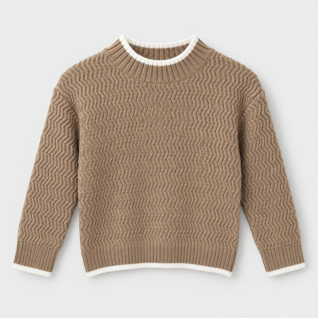 Boys Cable Knit Crew Neck Pullover in Coffee - flat product view