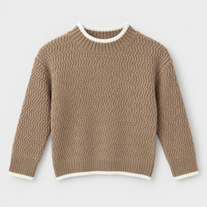 Boys Cable Knit Crew Neck Pullover in Coffee - flat product view