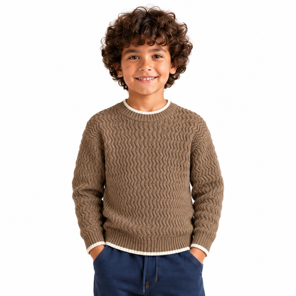 Boy wearing Cable Knit Crew Neck Pullover in Coffee - model photo