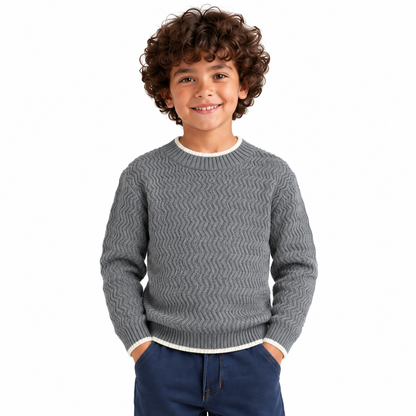 Boy wearing Cable Knit Crew Neck Pullover in Medium Gray - model photo