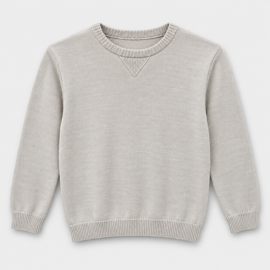 Boys Plain Crew Neck Knit Pullover in Beige - flat product view