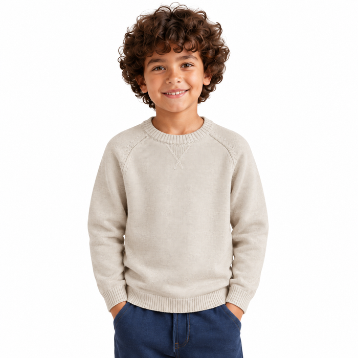 Boy wearing Plain Crew Neck Knit Pullover in Beige - model photo