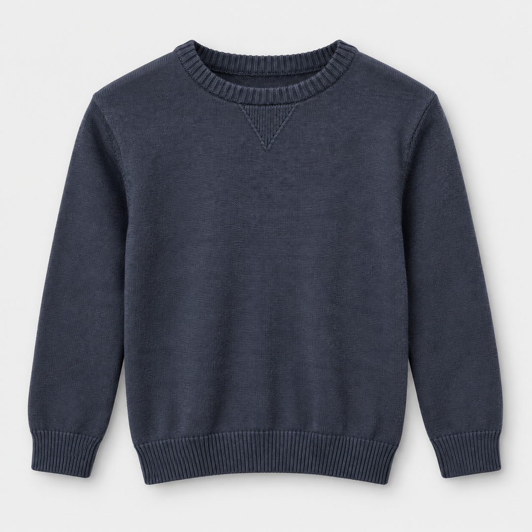 Boys Plain Crew Neck Knit Pullover in Dark Gray - flat product view