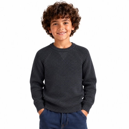 Boy wearing Plain Crew Neck Knit Pullover in Dark Gray - model photo