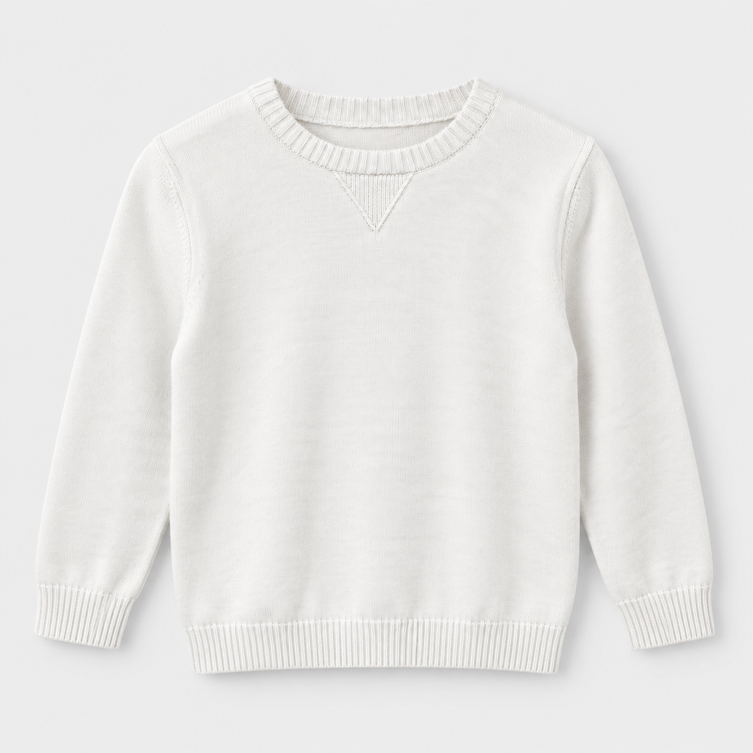 Boys Plain Crew Neck Knit Pullover in Off White - flat product view