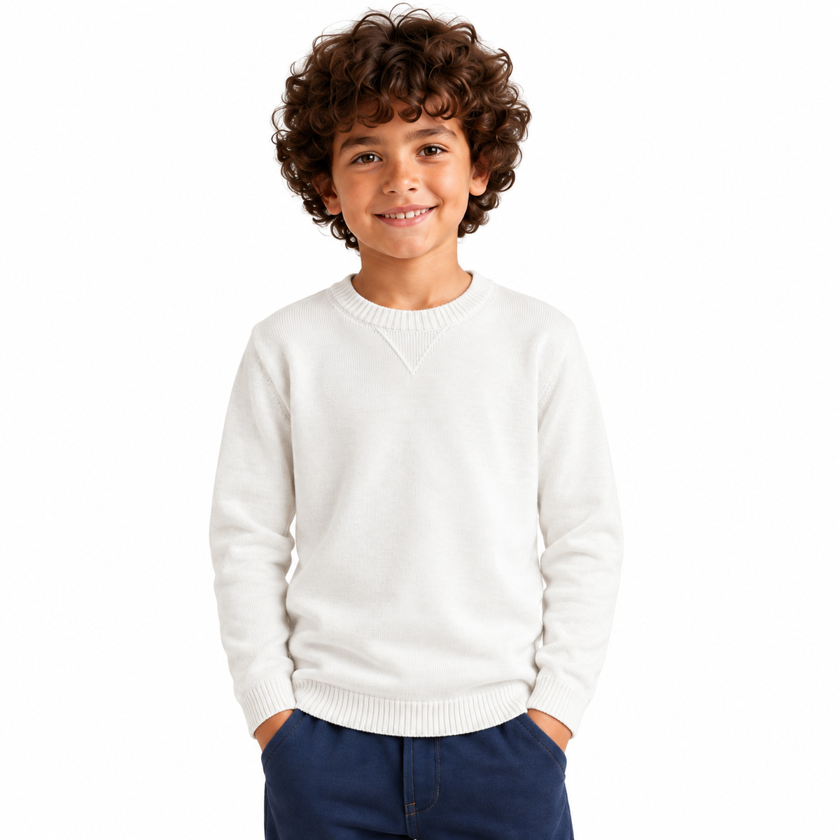Boy wearing Plain Crew Neck Knit Pullover in Off White - model photo