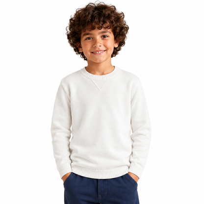 Boy wearing Plain Crew Neck Knit Pullover in Off White - model photo