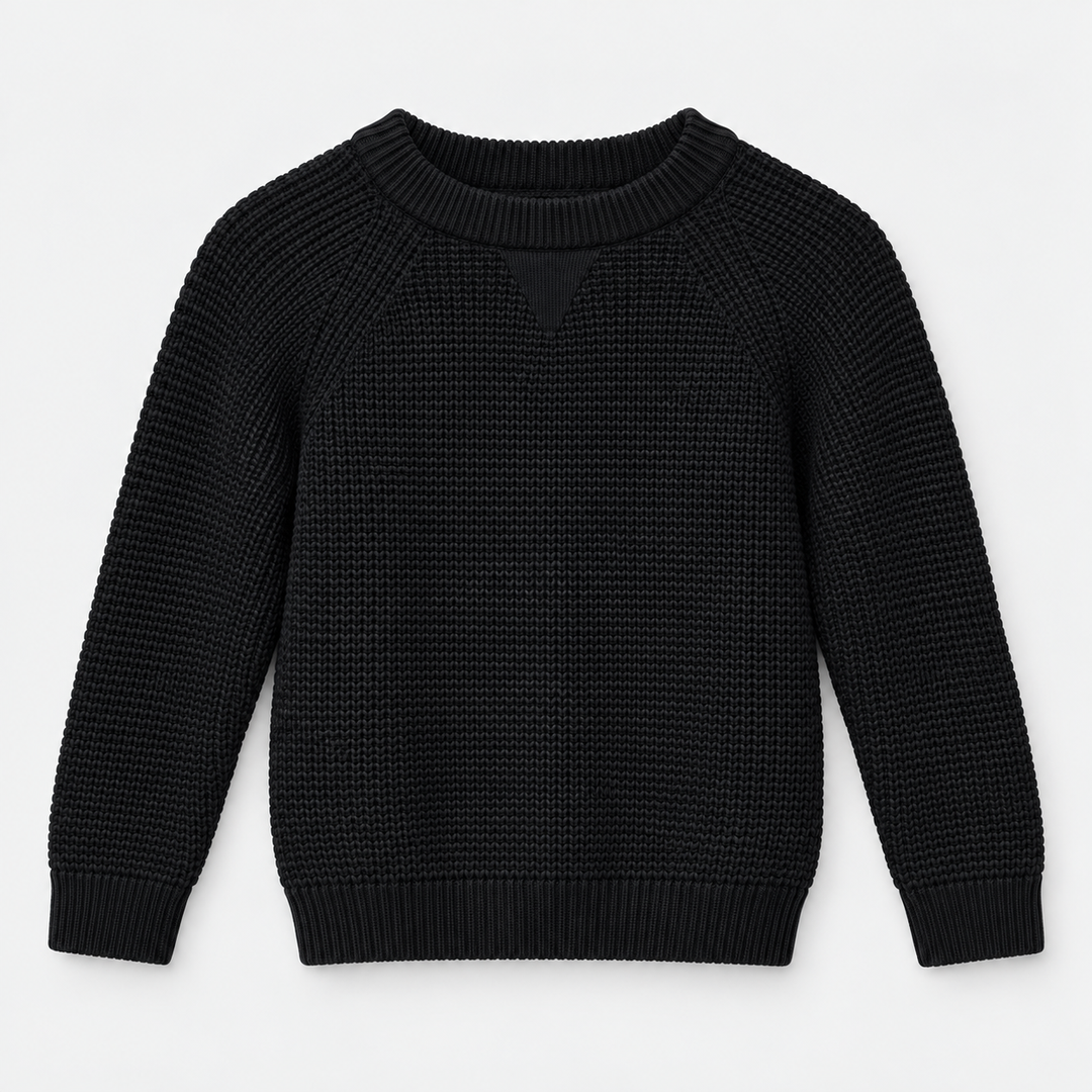 Boys Waffle Knit Crew Neck Pullover in Black - flat product view
