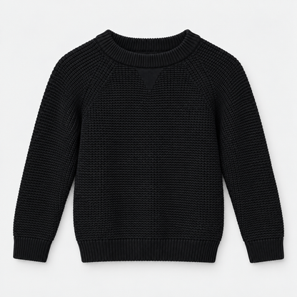 Boys Waffle Knit Crew Neck Pullover in Black - flat product view