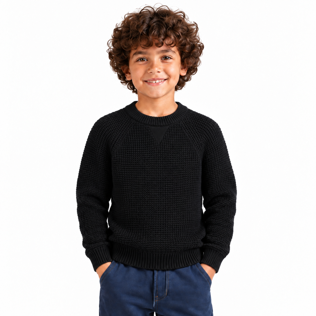 Boy wearing Waffle Knit Crew Neck Pullover in Black - model photo