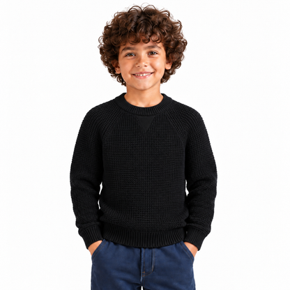 Boy wearing Waffle Knit Crew Neck Pullover in Black - model photo