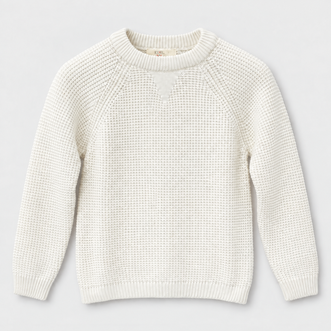 Boys Waffle Knit Crew Neck Pullover in Cream - flat product view