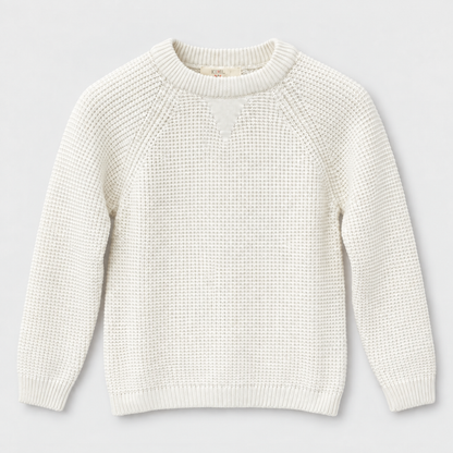 Boys Waffle Knit Crew Neck Pullover in Cream - flat product view