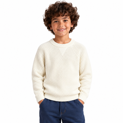 Boy wearing Waffle Knit Crew Neck Pullover in Cream - model photo