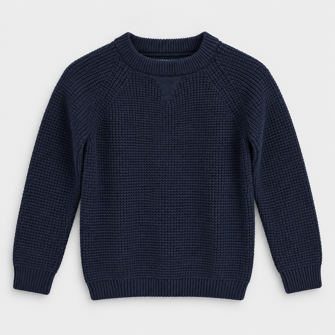 Boys Waffle Knit Crew Neck Pullover in Navy - flat product view
