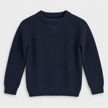Boys Waffle Knit Crew Neck Pullover in Navy - flat product view