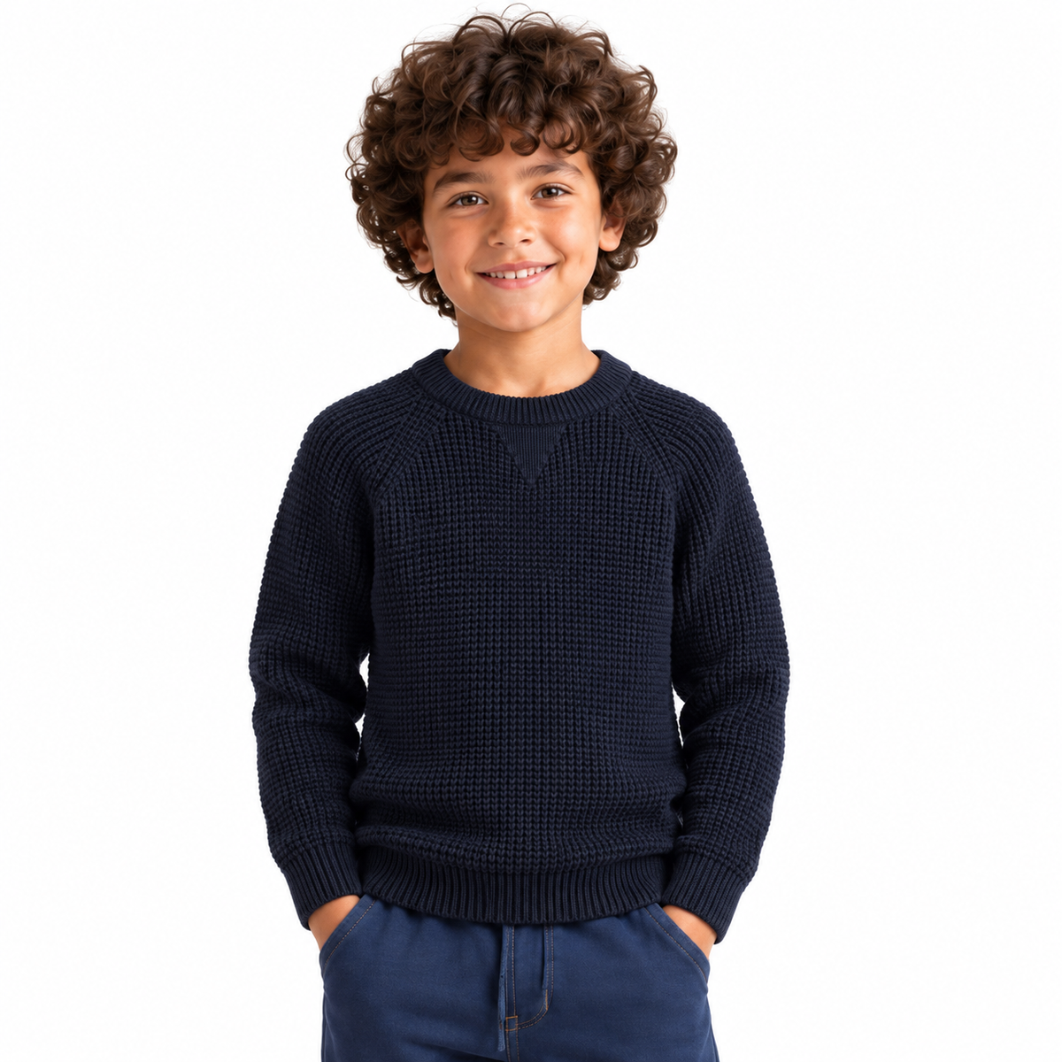 Boy wearing Waffle Knit Crew Neck Pullover in Navy - model photo
