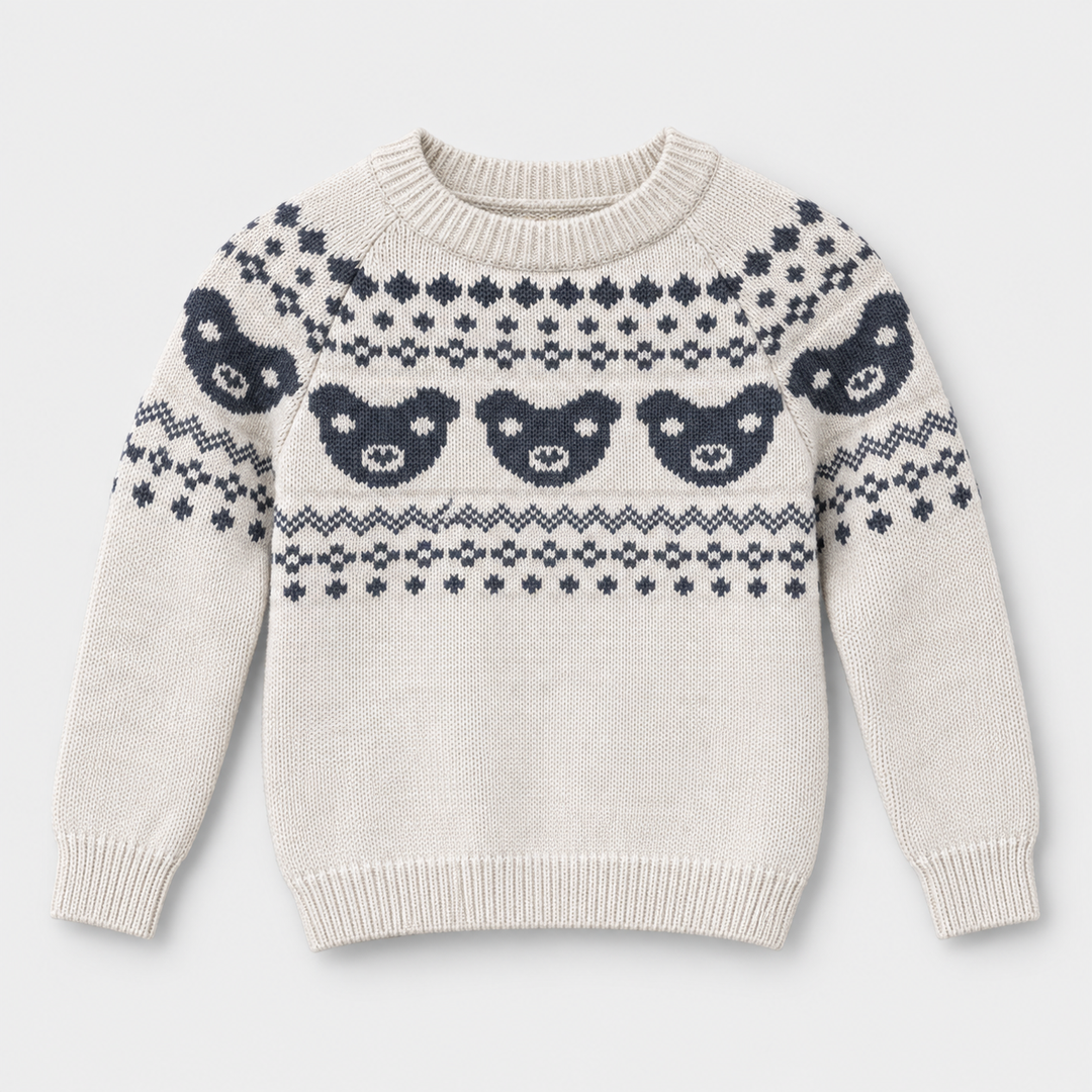 Boys Jacquard Crew Neck Knit Pullover in Cream - flat product view