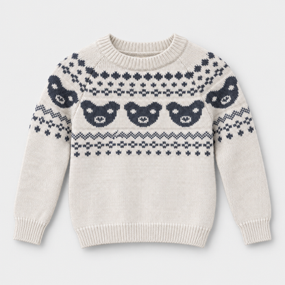 Boys Jacquard Crew Neck Knit Pullover in Cream - flat product view