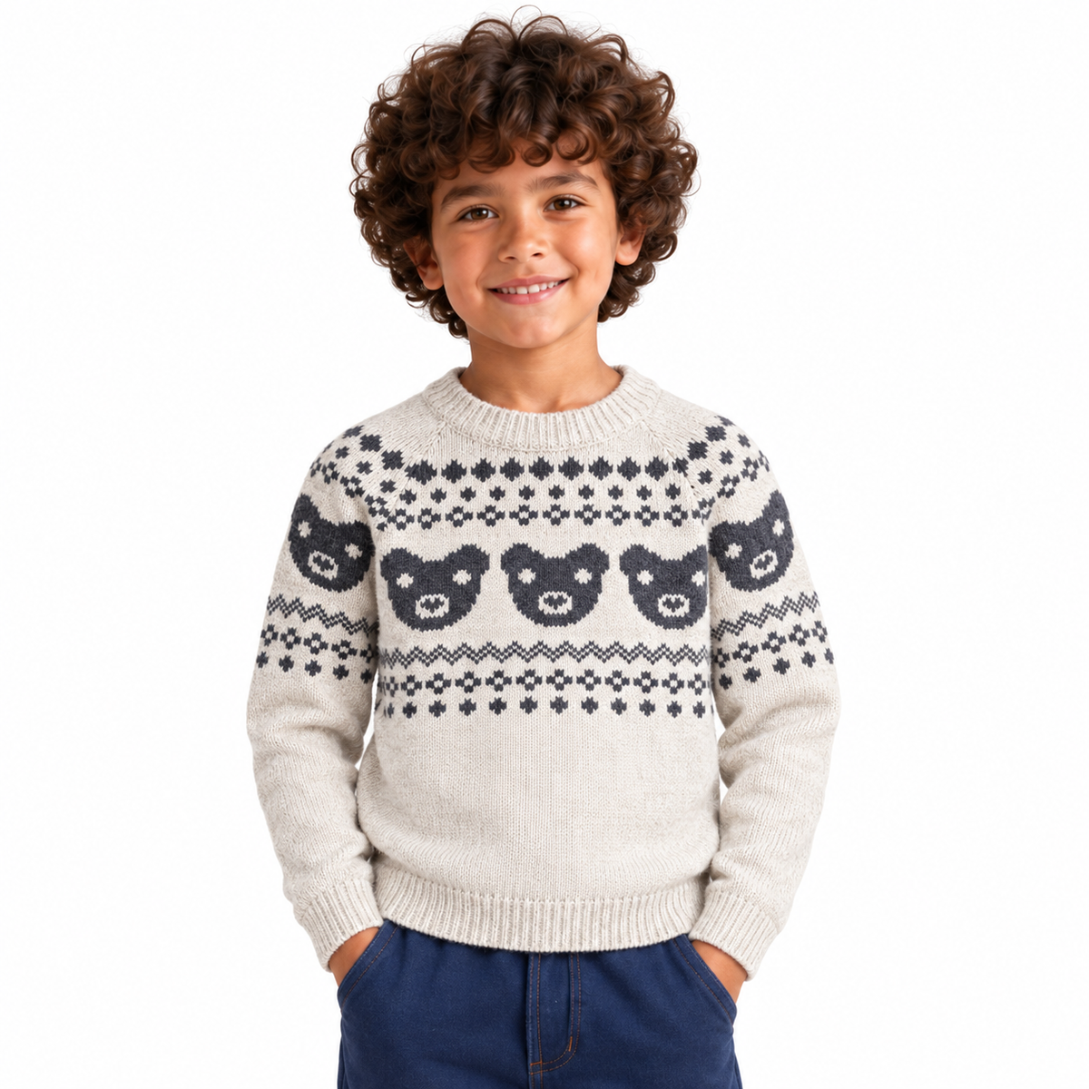 Boy wearing Jacquard Crew Neck Knit Pullover in Cream - model photo