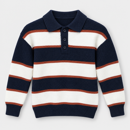 Boys Striped Knit Polo Pullover in Navy - flat product view